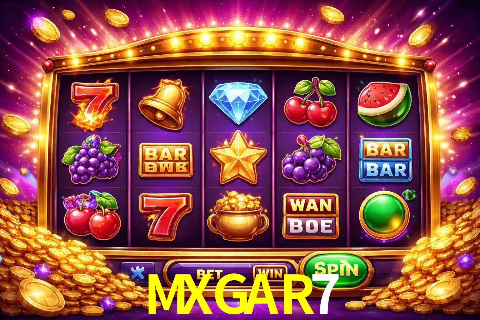 Una interfaz colorida de tragamonedas en línea con símbolos brillantes, monedas y un efecto de victoria celebratoria en MXGAR7.