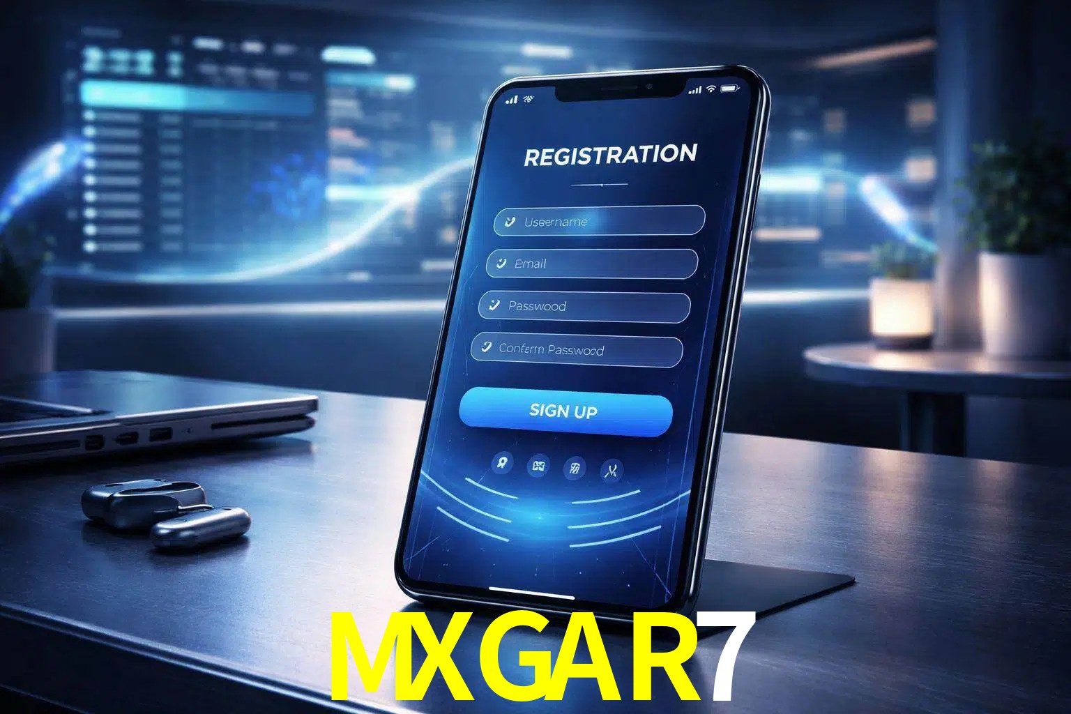 Una interfaz moderna de registro móvil para MXGAR7 mostrada en un smartphone con un panel de apuestas elegante.